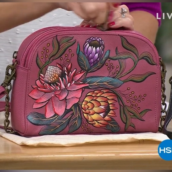 New Anuschka Hand-Painted Leather Crossbody Bag/Wristlet-Hawaiian Floral - Picture 7 of 7